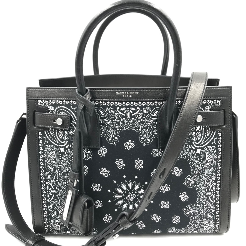 Saint Laurent Black and White Bandana-Print Leather Sac de Jour Crossbody Bag